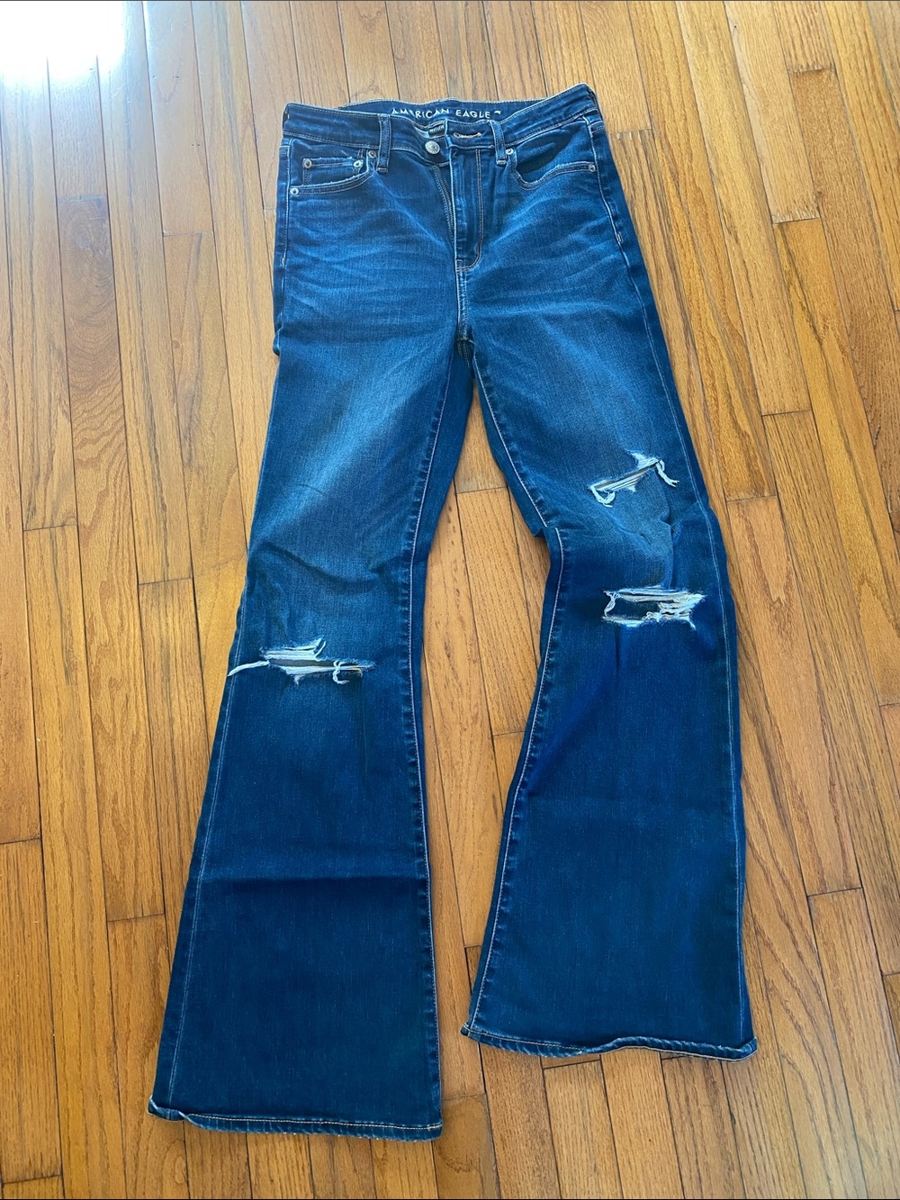 American Eagle Outfitters Dark Blue Distressed Flare Jeans